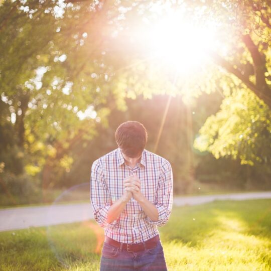 photo of man kneeling on grass near tree