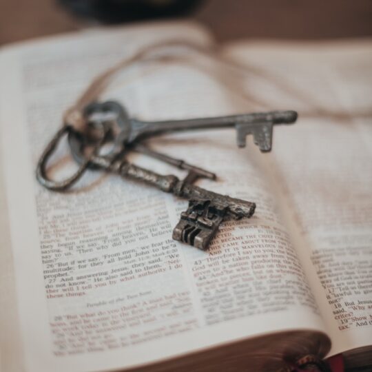 silver skeleton key on book page