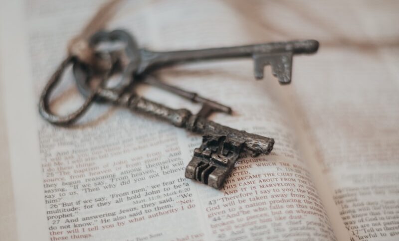 silver skeleton key on book page